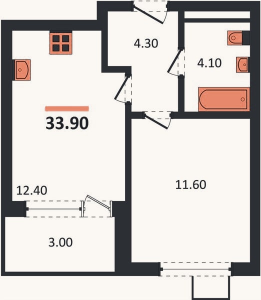 Планировка: 1-к, 33,9 м²