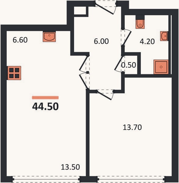 Планировка: 1-к, 44,5 м²