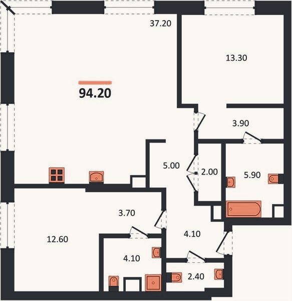Планировка: 2-к, 94,2 м²