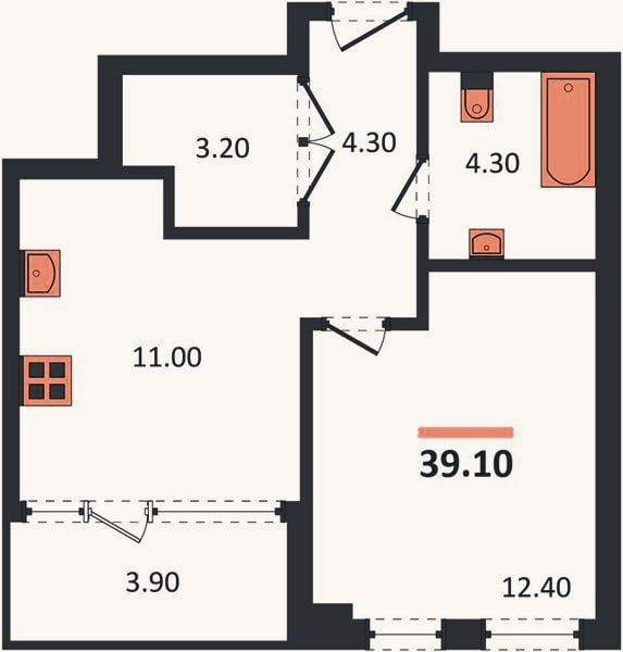 Планировка: 1-к, 39,1 м²