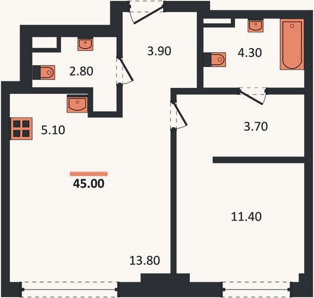 Планировка: 1-к, 45 м²