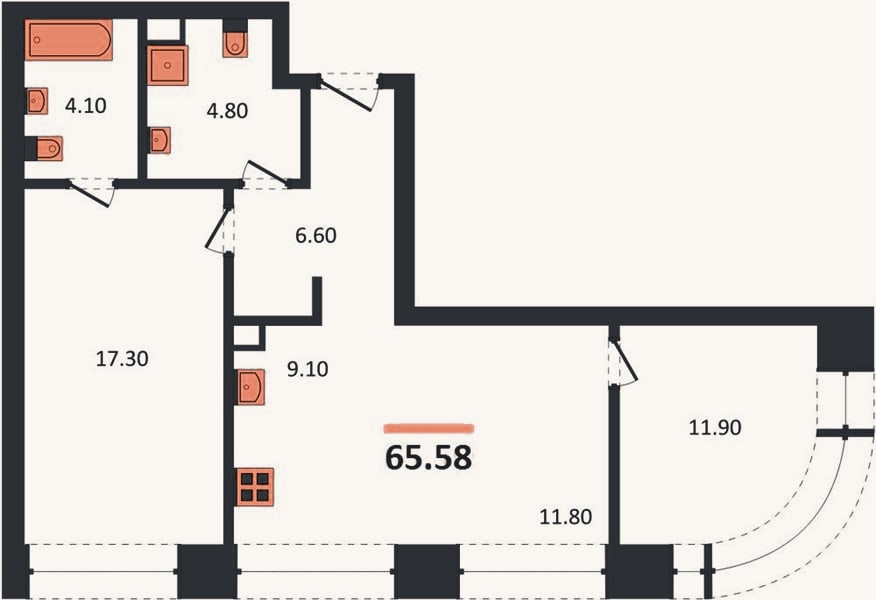 Планировка: 2-к, 65,6 м²