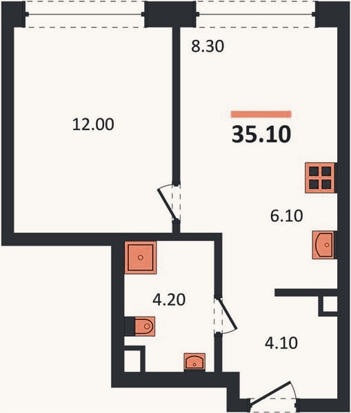 Планировка: 1-к, 35,1 м²