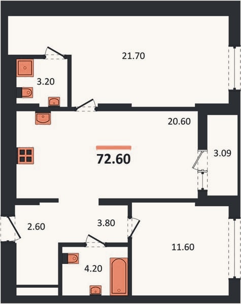 Планировка: 2-к, 72,6 м²