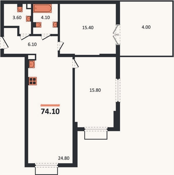 Планировка: 2-к, 74,1 м²