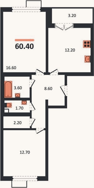 Планировка: 2-к, 60,4 м²
