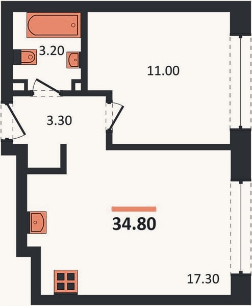 Планировка: 1-к, 34,8 м²