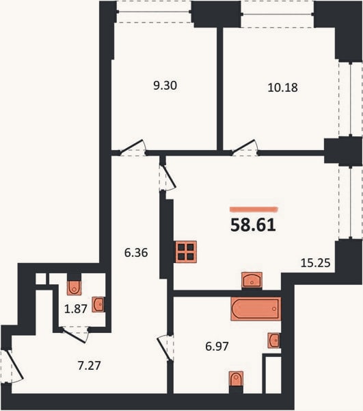 Планировка: 2-к, 58,6 м²