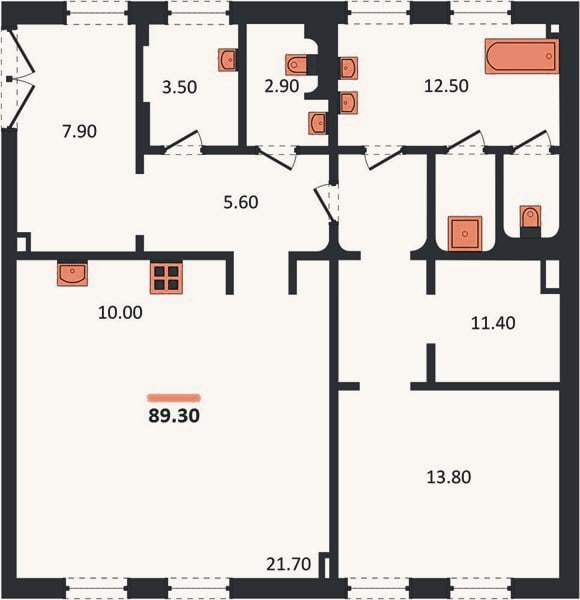 Планировка: 1-к, 89,3 м²