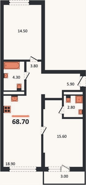 Планировка: 2-к, 68,7 м²