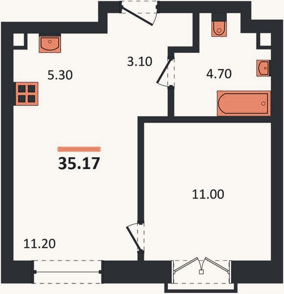 Планировка: 1-к, 35,2 м²