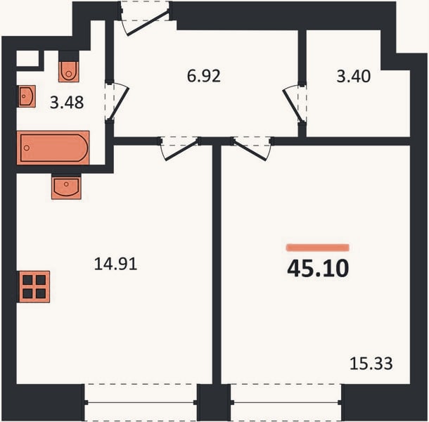 Планировка: 1-к, 45,1 м²