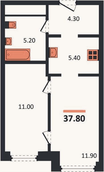 Планировка: 1-к, 37,8 м²