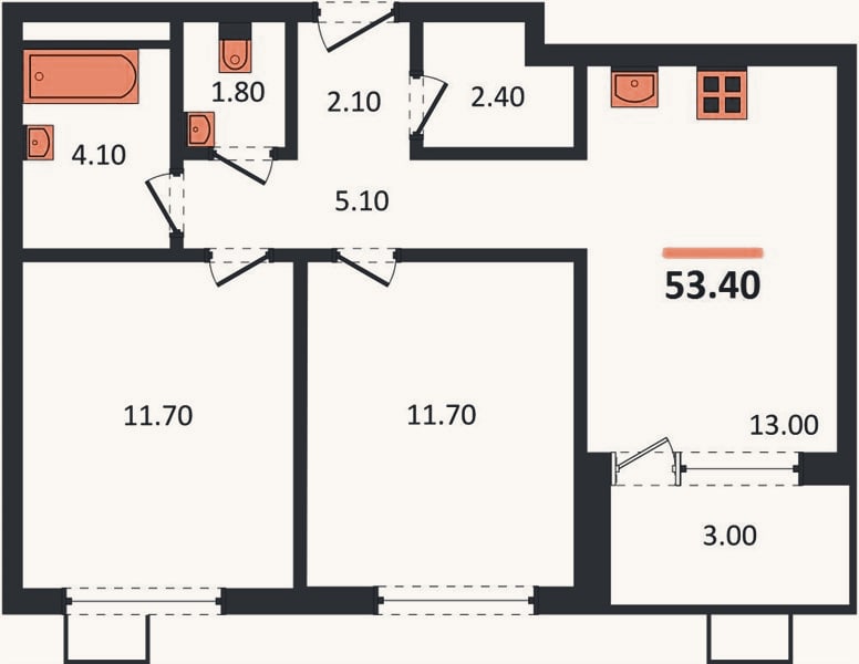 Планировка: 2-к, 53,4 м²