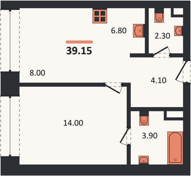 Планировка: 1-к, 39,2 м²
