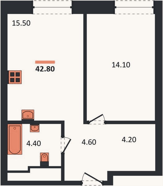 Планировка: 1-к, 42,8 м²