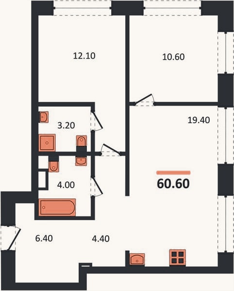 Планировка: 2-к, 60,6 м²