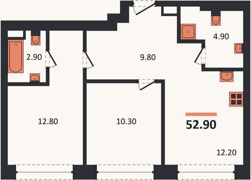 Планировка: 2-к, 53,5 м²