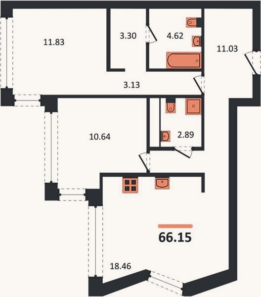 Планировка: 2-к, 66,2 м²