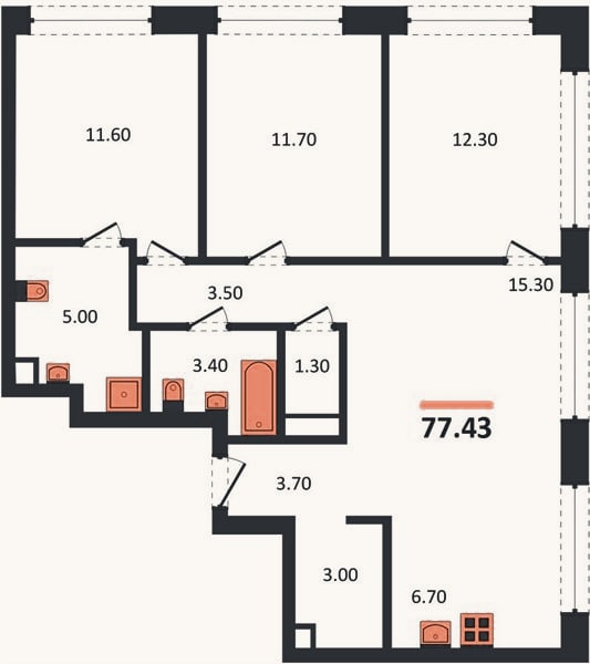 Планировка: 3-к, 77,4 м²