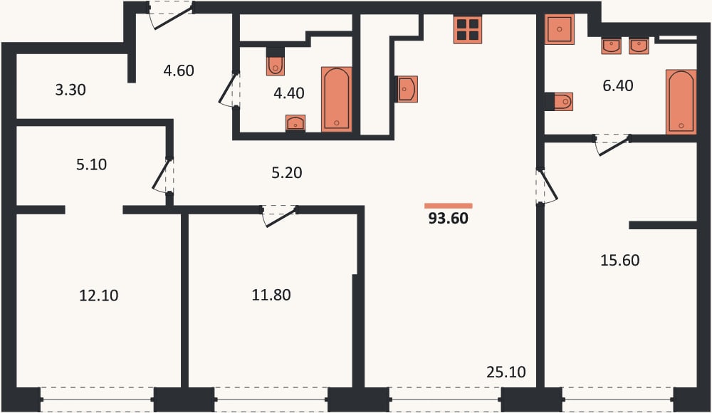Планировка: 3-к, 93,6 м²