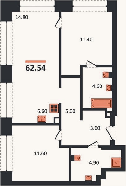 Планировка: 2-к, 61,4 м²