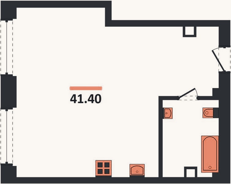 Планировка: 1-к, 41,4 м²