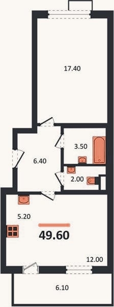 Планировка: 1-к, 49,6 м²