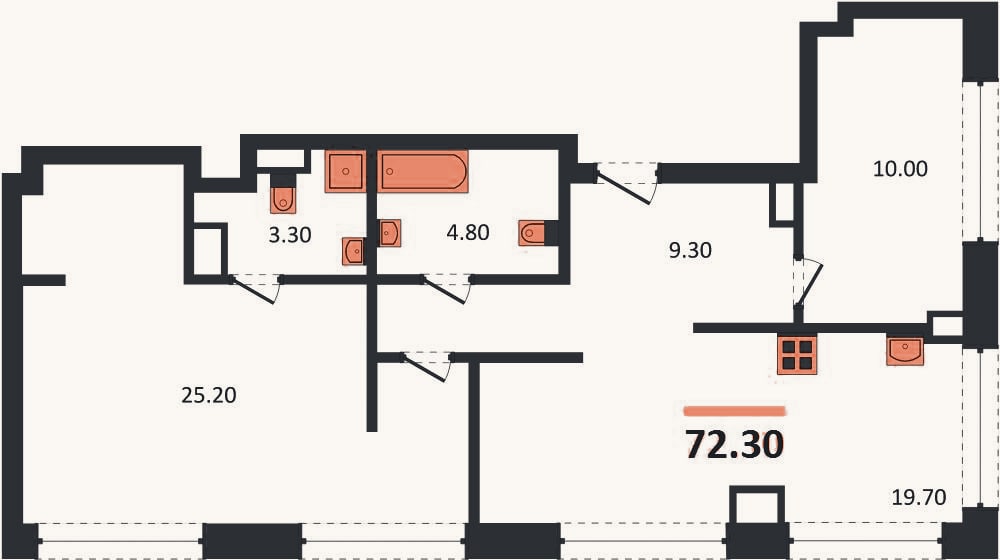 Планировка: 2-к, 72,3 м²
