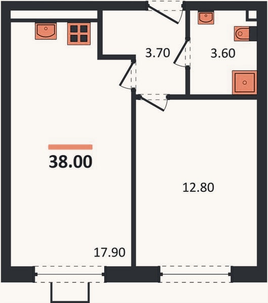 Планировка: 1-к, 36,9 м²