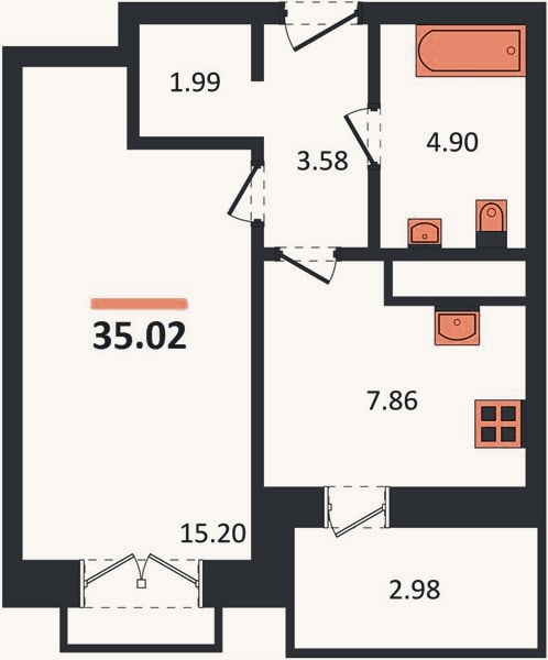 Планировка: 1-к, 35 м²