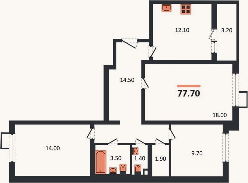 Планировка: 3-к, 77,7 м²