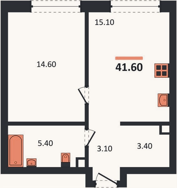 Планировка: 1-к, 41,6 м²
