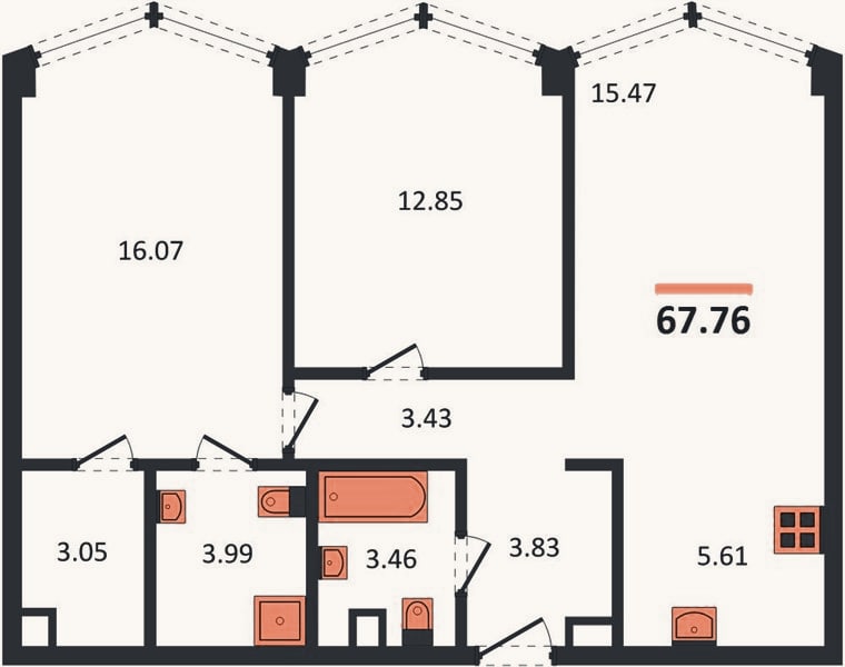 Планировка: 2-к, 67,8 м²