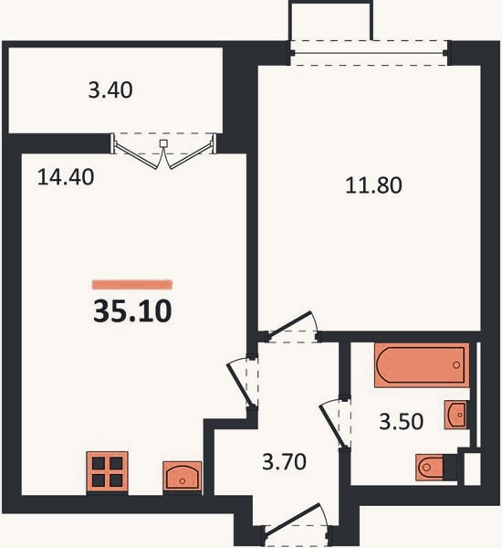 Планировка: 1-к, 35,1 м²