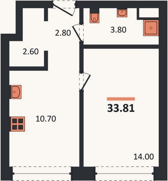 Планировка: 1-к, 33,8 м²