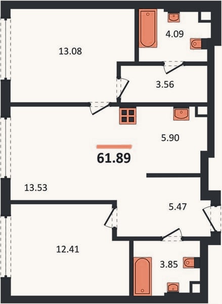 Планировка: 2-к, 61,9 м²