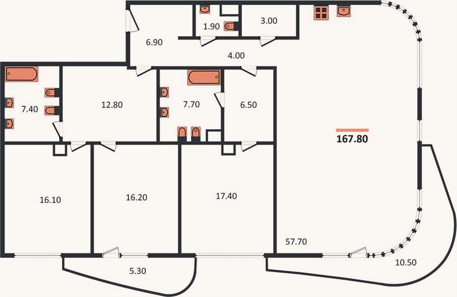 Планировка: 3-к, 167,8 м²