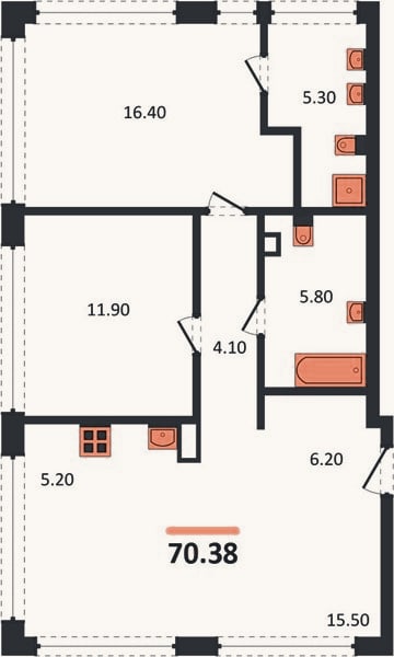 Планировка: 2-к, 70,4 м²