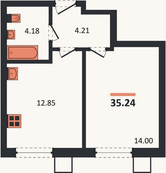 Планировка: 1-к, 35,2 м²