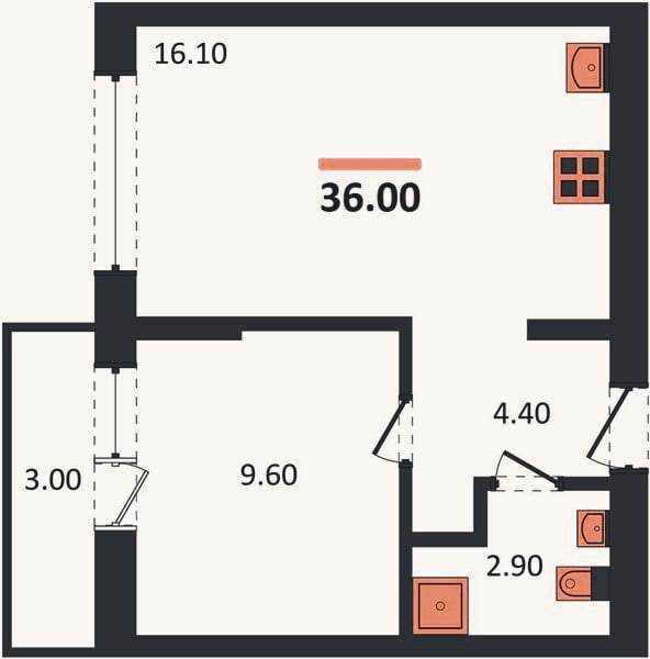 Планировка: 1-к, 36 м²