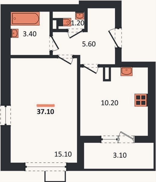 Планировка: 1-к, 37,1 м²