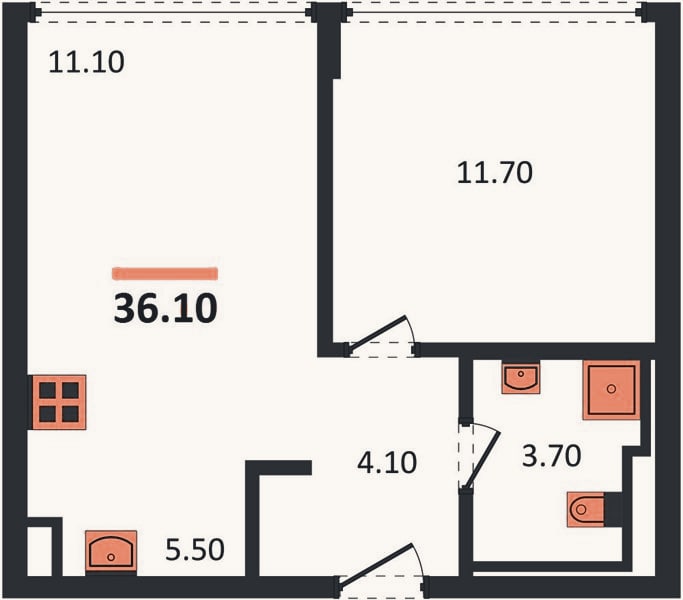 Планировка: 1-к, 36,1 м²
