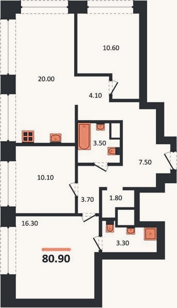 Планировка: 3-к, 81,4 м²