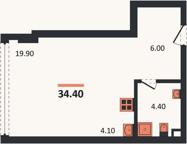 Планировка: Студия, 34,4 м²