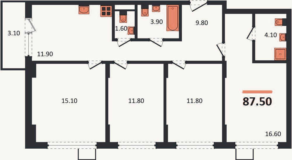 Планировка: 4+ к, 87,5 м²
