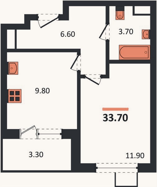 Планировка: 1-к, 33,7 м²