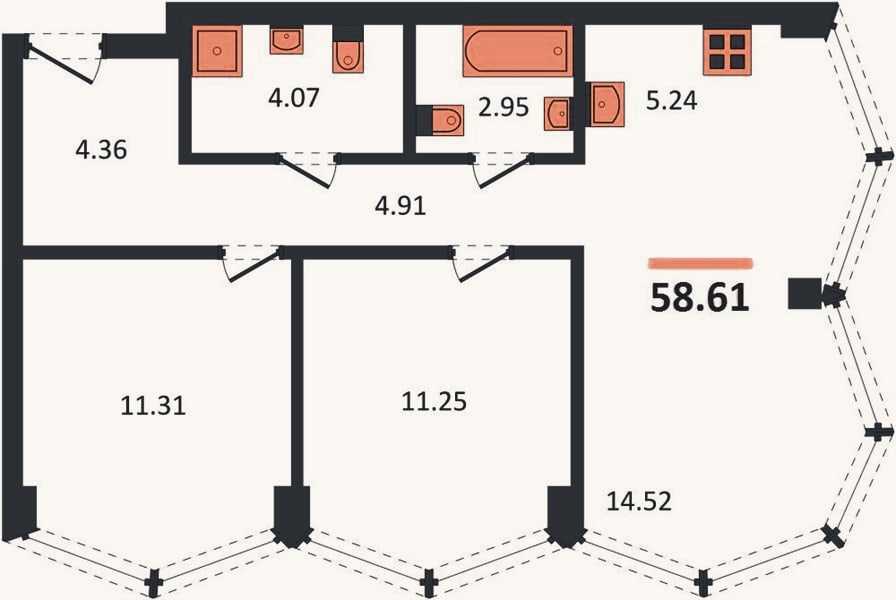 Планировка: 2-к, 58,6 м²
