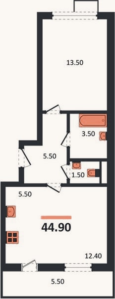 Планировка: 1-к, 44,9 м²