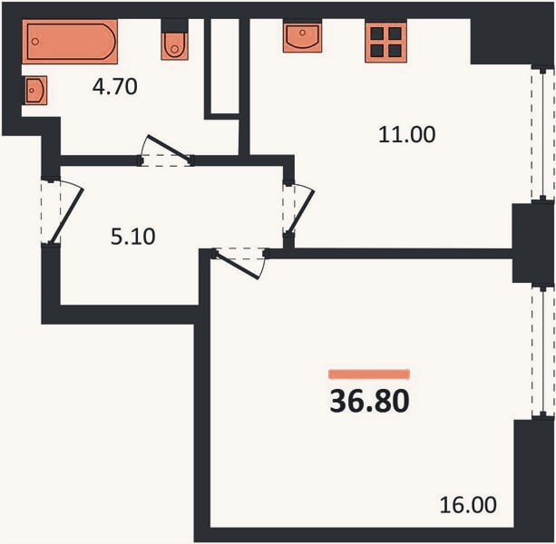 Планировка: 1-к, 36,8 м²